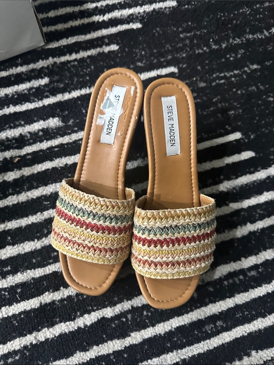 Steve Madden Shoes - Steve Madden Tan Slide Sandals with Multicolor Woven Straps